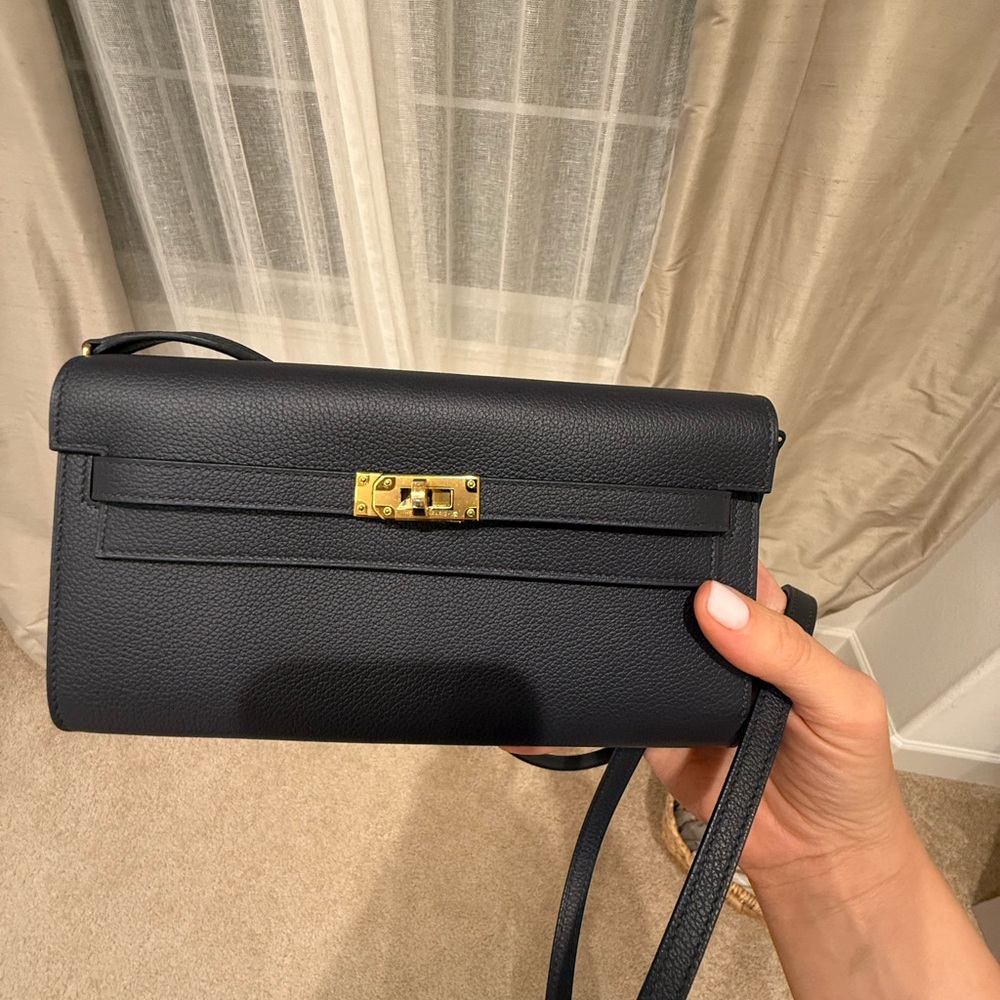 Hermes Navy Blue Crossbody Bag with Gold Clasp